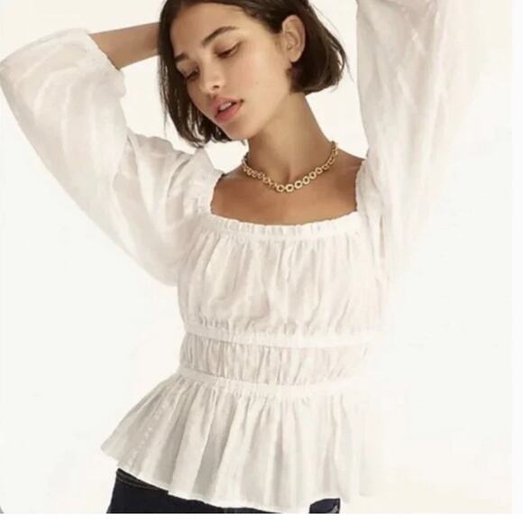J. Crew Puff-Sleeve White Textured Cotton Blouse Top size Large - Picture 1 of 9